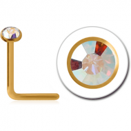 GOLD PVD COATED TITANIUM SWAROVSKI CRYSTAL JEWELLED 90 DEGREE NOSE STUD PIERCING