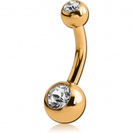 GOLD PVD COATED TITANIUM DOUBLE SWAROVSKI CRYSTAL JEWELLED MINI NAVEL BANANA PIERCING