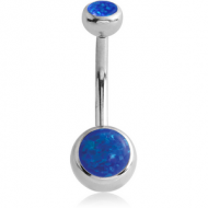 SURGICAL STEEL INTERNALLY THREADED DOUBLE JEWELLED NAVEL BANANA WITH SYNTHETIC OPAL PIERCING