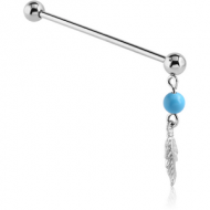 SURGICAL STEEL INDUSTRIAL BARBELL WITH WHITE METAL CHARM AND BEAD PIERCING