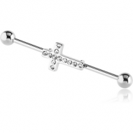 SURGICAL STEEL INDUSTRIAL BARBELL WITH JEWELLED CROSS PIERCING