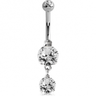 SURGICAL STEEL INTERNALLY THREADED DOUBLE JEWELLED ROUND 8 MM NAVEL BANANA WITH 6 MM JEWELLED CHARM PIERCING