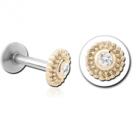 14K GOLD JEWELLED ATTACHMENT WITH SURGICAL STEEL INTERNALLY THREADED MICRO LABRET PIN PIERCING