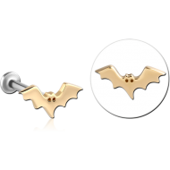 14K GOLD ATTACHMENT WITH SURGICAL STEEL INTERNALLY THREADED MICRO LABRET PIN - BAT RIGHT