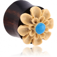 ORGANIC CARVED IRON PLUG DOUBLE FLARED WITH TURQUOISE INLAY - FLOWER PIERCING