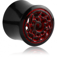 ORGANIC CARVED HORN HOLLOW PLUG DOUBLE FLARE TRIBAL - RED FLAMES