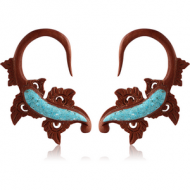 ORGANIC WOODEN CLAW EARRINGS PAIR WOOD-SAWO TUEQOISE INLAID