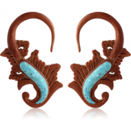 ORGANIC WOODEN CLAW EARRINGS PAIR WOOD-SAWO TUEQOISE INLAID