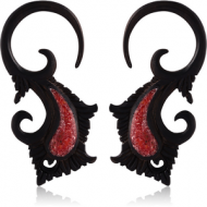 ORGANIC WOODEN CLAW EARRINGS PAIR IRON CORAL INLAID