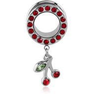 STAINLESS STEEL JEWELLED ROUND-EDGE THREADED TUNNEL WITH CHERRIES CHARM