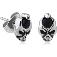 SURGICAL STEEL EAR STUDS PAIR WITH ONYX - SKULL
