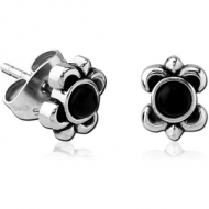 SURGICAL STEEL KOOL KATANA EAR STUDS PAIR WITH ONYX - FLEUR DE LIS