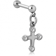 SURGICAL STEEL MICRO BARBELL WITH DANGLING JEWELLED CHARM - CROSS PIERCING