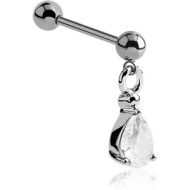 SURGICAL STEEL MICRO BARBELL WITH DANGLING TEAR DROP JEWELLED CHARM PIERCING