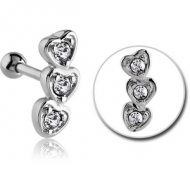 SURGICAL STEEL JEWELLED TRAGUS MICRO BARBELL - THREE HEARTS PIERCING