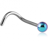 SURGICAL STEEL 1.2MM THREADING CURVED NOSE STUD WITH ANODISED BALL PIERCING