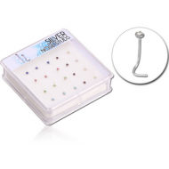 STERLING SILVER 925 JEWELLED BOX OF 20 CURVED NOSE STUDS PIERCING