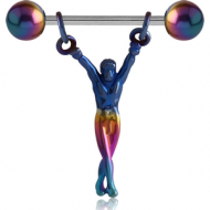 ANODISED HANGING MAN NIPPLE BARBELL WITH ANODISED BALLS PIERCING