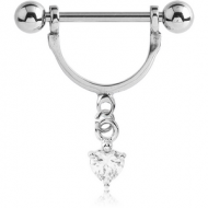 SURGICAL STEEL NIPPLE STIRRUP WITH HEART JEWELLED DANGLING CHARM PIERCING
