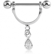 SURGICAL STEEL NIPPLE STIRRUP WITH TEAR DROP JEWELLED DANGLING CHARM PIERCING