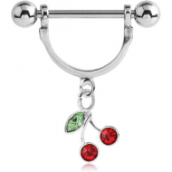 SURGICAL STEEL NIPPLE STIRRUP WITH JEWELLED CHERRIES DANGLING CHARM PIERCING