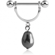 SURGICAL STEEL NIPPLE STIRRUP WITH SYNTHETIC PEARL DANGLING CHARM PIERCING