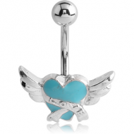 RHODIUM PLATED FASHION NAVEL BANANA - WINGED HEART PIERCING