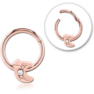 ROSE GOLD PVD COATED SURGICAL STEEL JEWELLED HINGED SEGMENT RING - CRESCENT AND STAR PIERCING