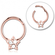 ROSE GOLD PVD COATED SURGICAL STEEL JEWELLED HINGED SEGMENT RING - STAR PRONGS PIERCING