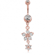 ROSE GOLD PVD COATED SURGICAL STEEL DOUBLE JEWELLED NAVEL BANANA WITH FLOWER CHARM