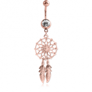ROSE GOLD PVD COATED SURGICAL STEEL JEWELLED NAVEL BANANA WITH DANGLING CHARM - DREAMCATCHER FEATHER