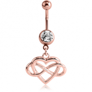 ROSE GOLD PVD COATED BRASS JEWELLED NAVEL BANANA WITH DANGLING CHARM - ENTANGLED HEART AND INFINITY PIERCING