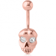 ROSE GOLD PVD COATED SURGICAL STEEL JEWELLED NAVEL BANANA WITH DANGLING CHARM - SKULL