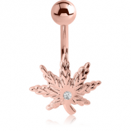 ROSE GOLD PVD COATED BRASS JEWELLED NAVEL BANANA - MARIJUANA LEAF