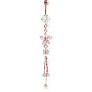 ROSE GOLD PVD COATED BRASS JEWELLED NAVEL BANANA WITH DANGLING CHARM - FLOWERS PIERCING