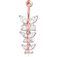 ROSE GOLD PVD COATED BRASS JEWELLED BUTTERFLY NAVEL BANANA WITH DANGLING CHARM - BUTTERFLY