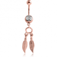 ROSE GOLD PVD COATED SURGICAL STEEL JEWELLED NAVEL BANANA WITH DANGLING CHARM - FEATHER