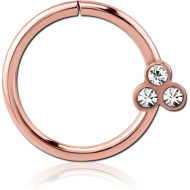 ROSE GOLD PVD COATED SURGICAL STEEL JEWELLED SEAMLESS RING - ROUND WITH 3 GEMS PIERCING