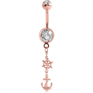 ROSE GOLD PVD COATED DOUBLE JEWELLED NAVEL BANANA WITH CHARM PIERCING