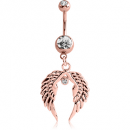 ROSE GOLD PVD COATED BRASS DOUBLE JEWELLED NAVEL BANANA WITH WINGS CHARM