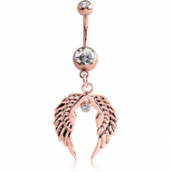 ROSE GOLD PVD COATED BRASS DOUBLE JEWELLED NAVEL BANANA WITH WINGS CHARM PIERCING