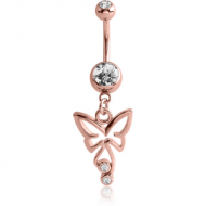 ROSE GOLD PVD COATED BRASS DOUBLE JEWELLED NAVEL BANANA WITH BUTTERFLY CHARM