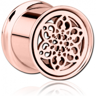 ROSE GOLD PVD COATED STAINLESS STEEL DOUBLE FLARED INTERNALLY THREADED TUNNEL - FLOWER PIERCING