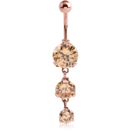 ROSE GOLD PVD COATED SURGICAL STEEL TRIPLE ROUND CZ JEWELLED WITH DANGLING NAVEL BANANA
