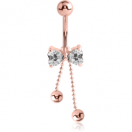 ROSE GOLD PVD COATED SURGICAL STEEL JEWELLED BOW NAVEL BANANA PIERCING