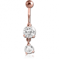 ROSE GOLD PVD COATED SURGICAL STEEL DOUBLE ROUND CZ JEWELLED WITH DANGLING NAVEL BANANA
