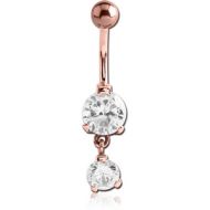 ROSE GOLD PVD COATED SURGICAL STEEL DOUBLE ROUND CZ JEWELLED WITH DANGLING NAVEL BANANA PIERCING