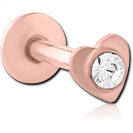 ROSE GOLD PVD COATED SURGICAL STEEL INTERNALLY THREADED MICRO LABRET WITH JEWELLED HEART PIERCING