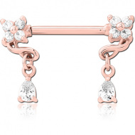 ROSE GOLD PVD COATED SURGICAL STEEL NIPPLE PIERCING INTERNAL THREADED BAR WITH MOVING CHARM FINE JEWELLED PIERCING