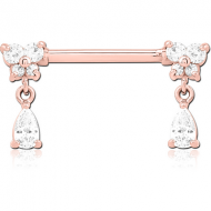 ROSE GOLD PVD COATED SURGICAL STEEL NIPPLE PIERCING INTERNAL THREADED BAR WITH MOVING CHARM FINE JEWELLED PIERCING